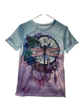 Women's Blue and Purple Dragonfly On A Clock With Roses Short-Sleeve Shirt